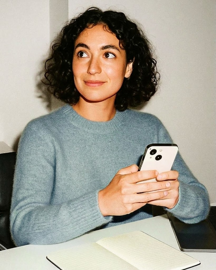 Woman in a grey sweater holding a smartphone